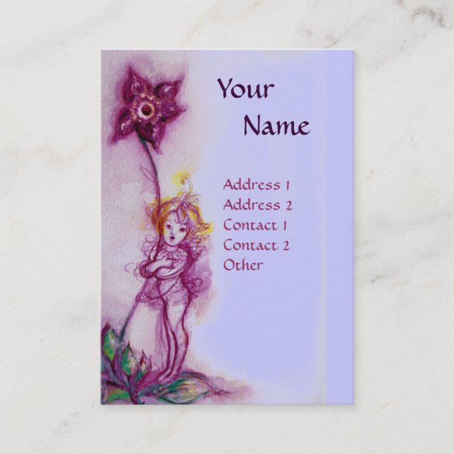 CARTE DE VISITE THUMBELINA AVEC MONOGRAMME DE FLEURS PURPLES BLEUS (Devant)