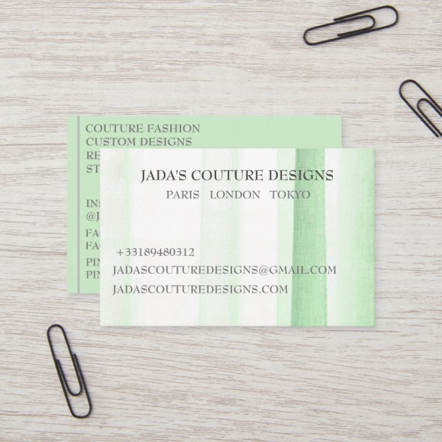 Carte De Visite Tissu vert couture de mode créatrice (Devant/Arrière en situation)