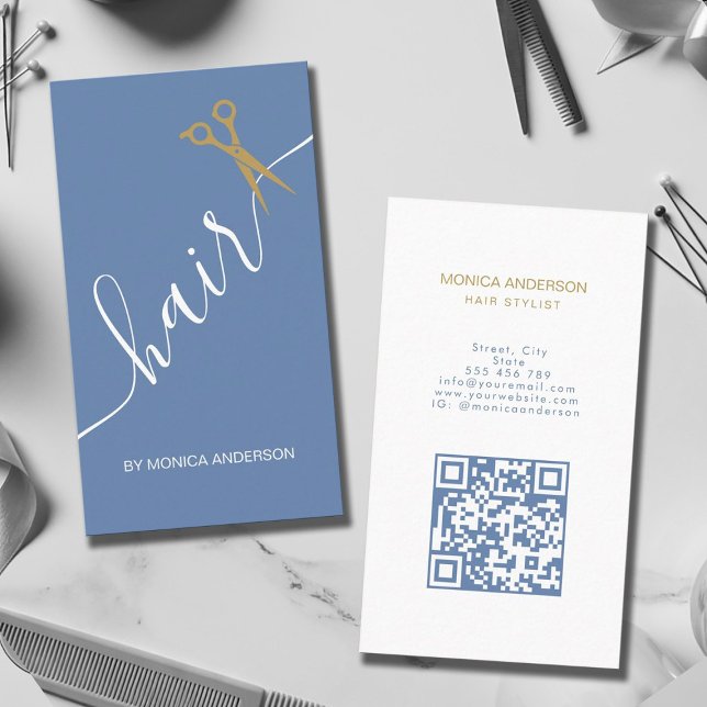 Carte De Visite Titre : Code QR de ciseaux de script de cheveux do (Dusty Blue Gold Hair Script Scissor QR Code Business Card)