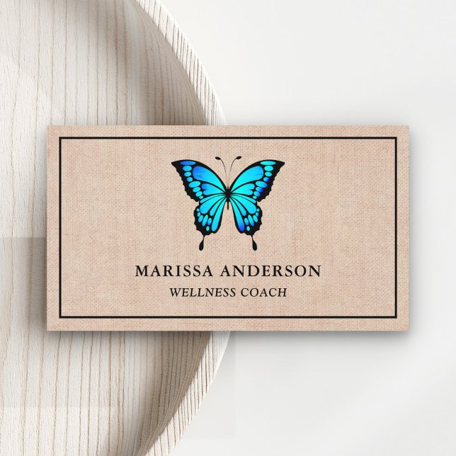 Carte De Visite Toile de jute rustique Papillon bleu élégant (Créateur téléchargé)