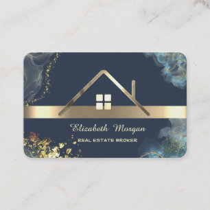 Carte De Visite Toit de maison or professionnel élégant Bleu