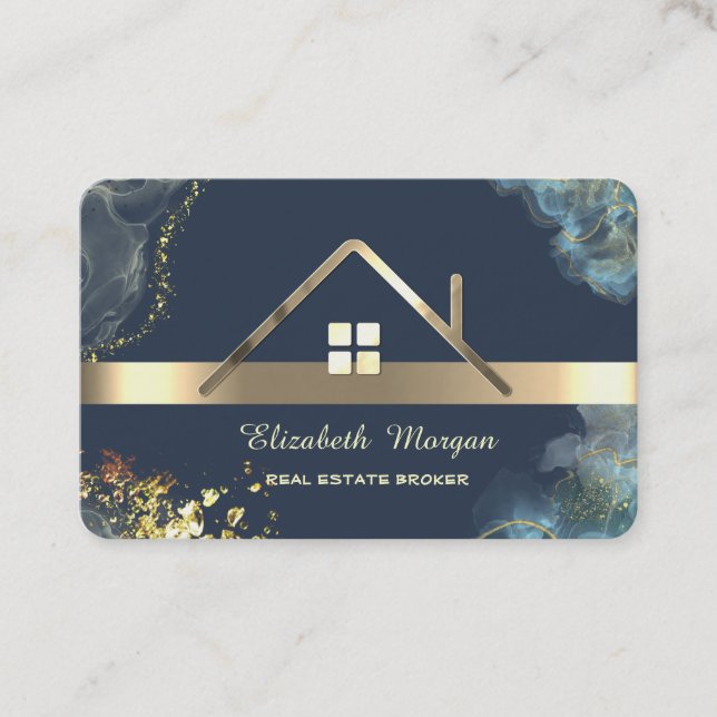 Carte De Visite Toit de maison or professionnel élégant Bleu (Devant)