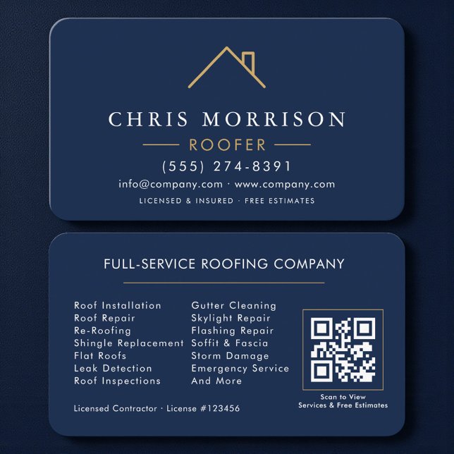 Carte de visite Toiture Bleu Nuit Or QR Code (Créateur téléchargé)