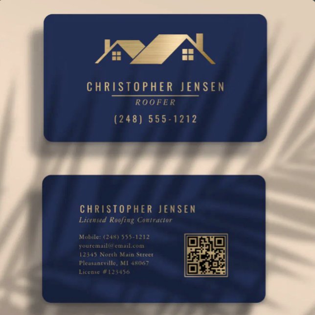 Carte de visite Toiture Code QR Bleu marine Or Arr (Créateur téléchargé)