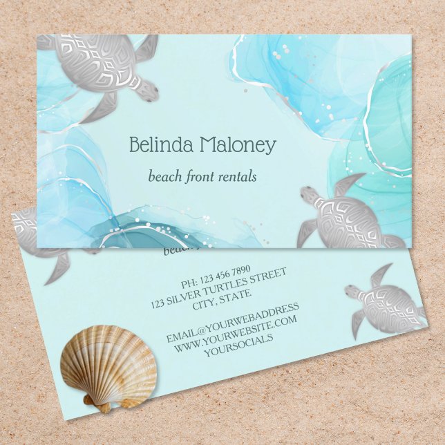 Carte De Visite Tortue Argent Encre Bleue Code QR Côté Mer (Créateur téléchargé)