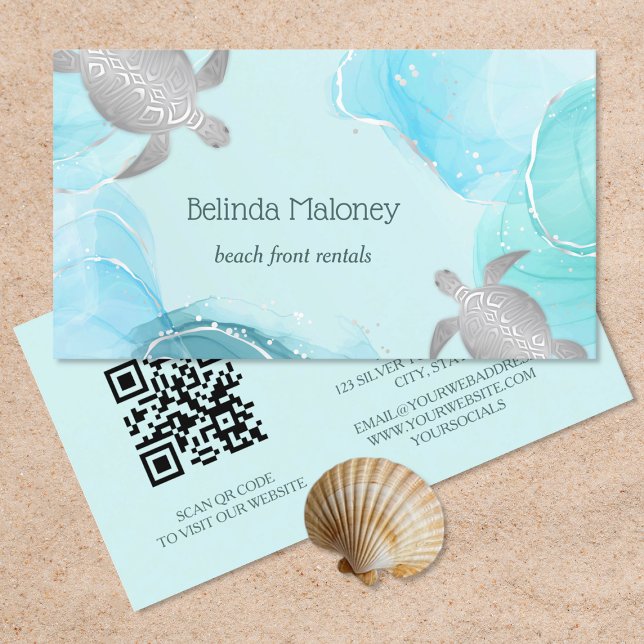Carte De Visite Tortue Argent Encre Bleue Code QR Côté Mer (Créateur téléchargé)