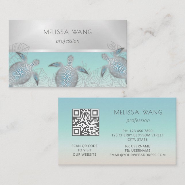 Carte De Visite Tortue de mer argentée | Code QR côtier (Devant / Derrière)