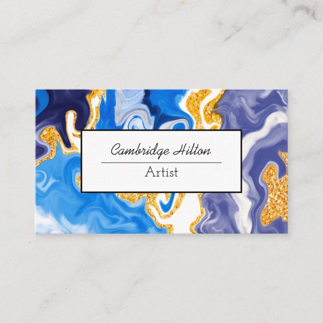 Carte De Visite Tourbillons abstraits bleus et or Art fluide   (Devant)