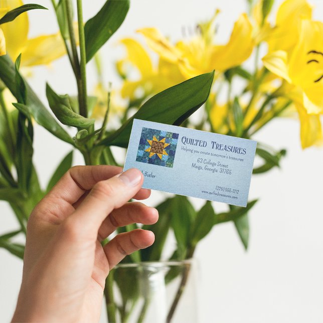 Carte De Visite Tournesol floral sur courtepointe bleu géométrique (Créateur téléchargé)