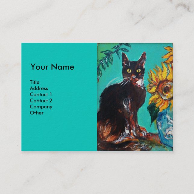 Carte De Visite TOURNESOLS AVEC CHAT, bleu (Devant)