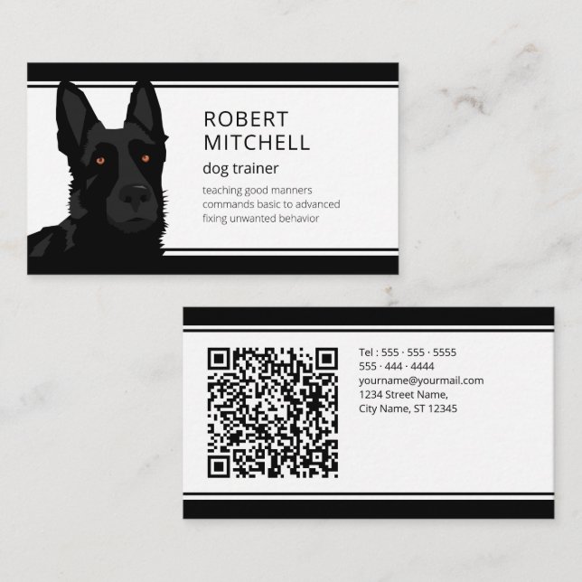 Carte De Visite Trainer de chien Berger noir allemand Code QR (Devant / Derrière)