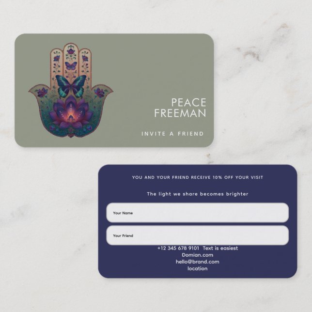 Carte De Visite Transformation Sacrée | Dessin de la Main de Hamsa (Devant / Derrière)