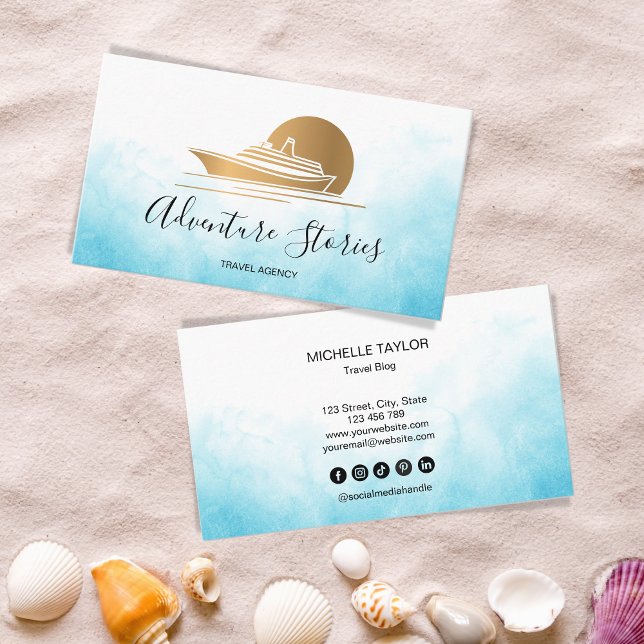 Carte De Visite Travel Agency Travel Blog Blue World Map Cruise (Créateur téléchargé)