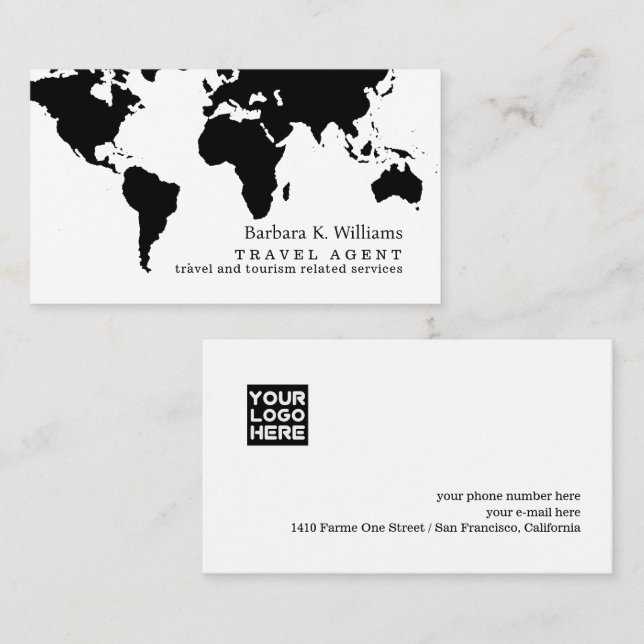 Carte De Visite Travel Agent Modern Black White Business Card  (Devant / Derrière)