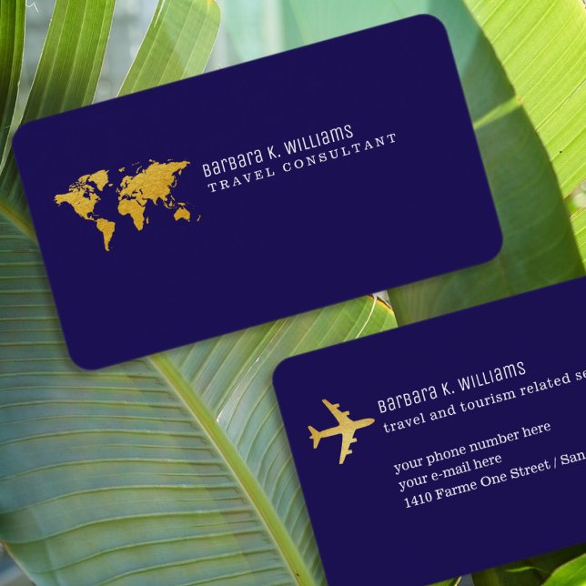 Carte De Visite Travel Consultant Gold Map simple bleu foncé (Créateur téléchargé)