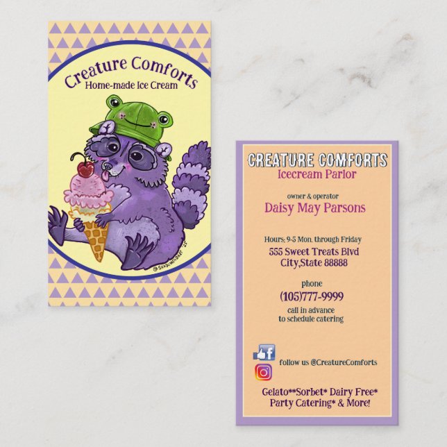 Carte De Visite Treat Yourself, Purple Raccoon with Icecream (Devant / Derrière)