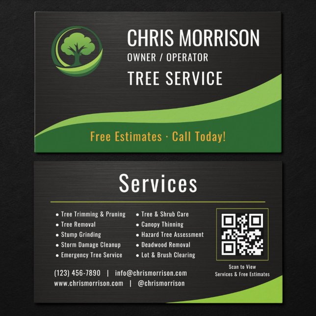 Carte De Visite Tree Service Arborist QR Code Metallic (Créateur téléchargé)