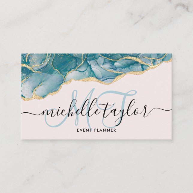 Carte De Visite Trendy Blue Gold Monogram Maquillage Artiste Coiff (Devant)