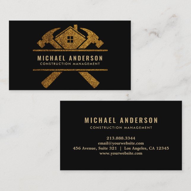 Carte De Visite Trendy Building Construction Service Black & Gold  (Devant / Derrière)