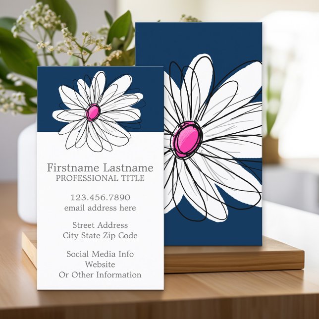 Carte De Visite Trendy Daisy Floral Illustration - navy and pink (Custom Printed Business Card)