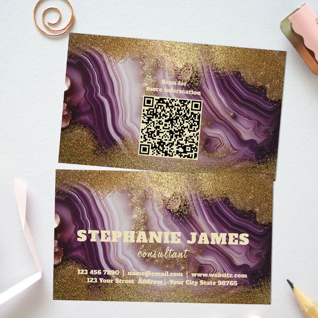 Carte De Visite Trendy Glam Chic Purple Agate Marbre Parties scint (Créateur téléchargé)