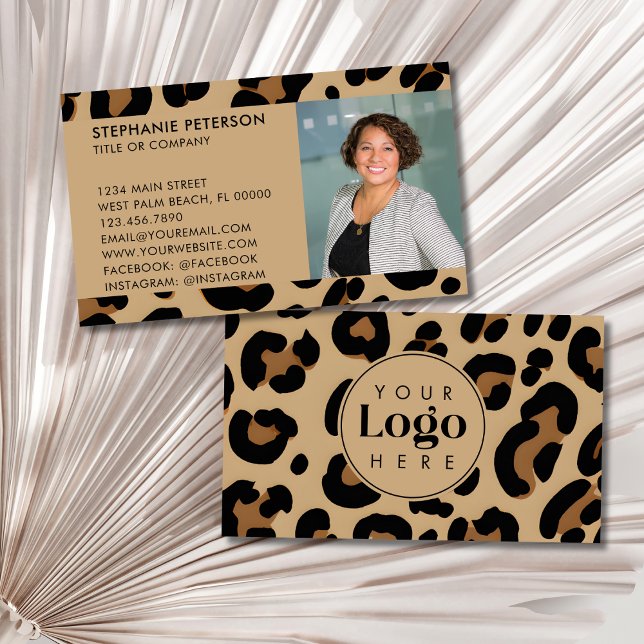 Carte De Visite Trendy Leopard Print Custom Company Logo & Photo (Créateur téléchargé)