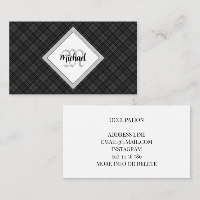 Carte De Visite Trendy noir blanc tartan Personnaliser Monogramme (Devant / Derrière)
