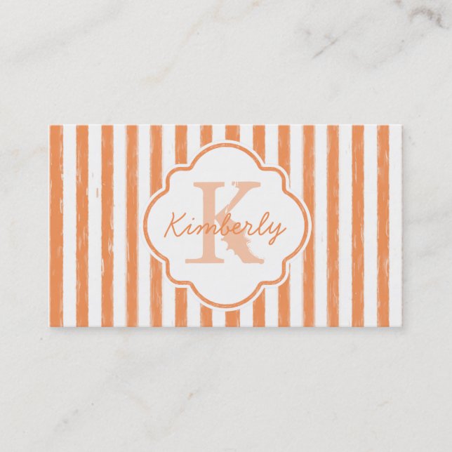 Carte De Visite Trendy Orange Peint Stripes Monogramme et nom (Devant)