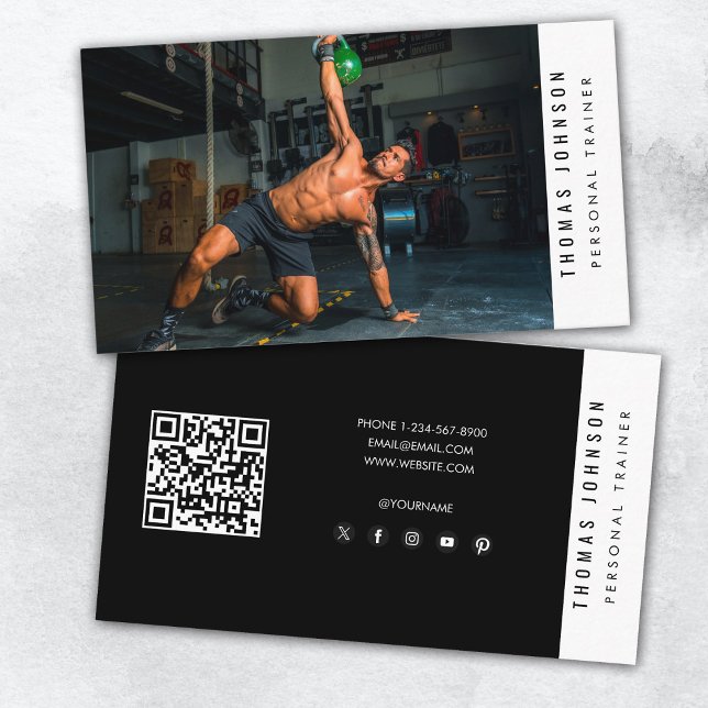 Carte De Visite Trendy Personal Trainer Fitness Photo QR Code (Trendy Personal Trainer Fitness Photo QR Code Business Card)