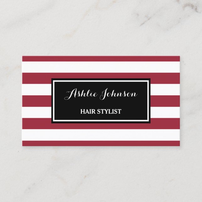 Carte De Visite Trendy Red and White Stripes Salon Hair Stylist (Devant)