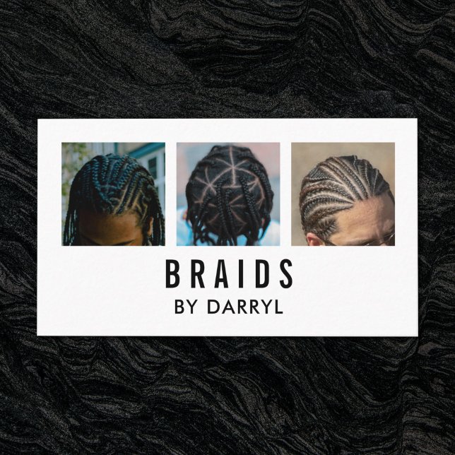 Carte De Visite Tresses Braid Loctician Photo Afro Hair Stylist (A braids business card with a 3 photo design. )