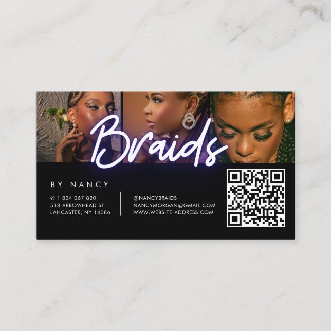 Carte De Visite Tresses Violet Néon 3 Collage de Photos QR Code (Devant)