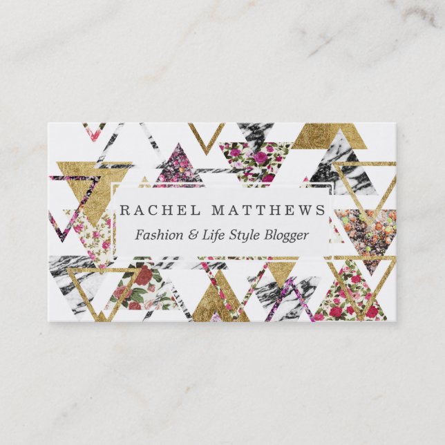 Carte De Visite Triangles géométriques de marbre floral chic d'or (Devant)