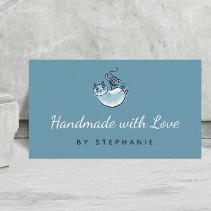 Carte De Visite Tricot Crochet bleu Fil Kraft artisanal