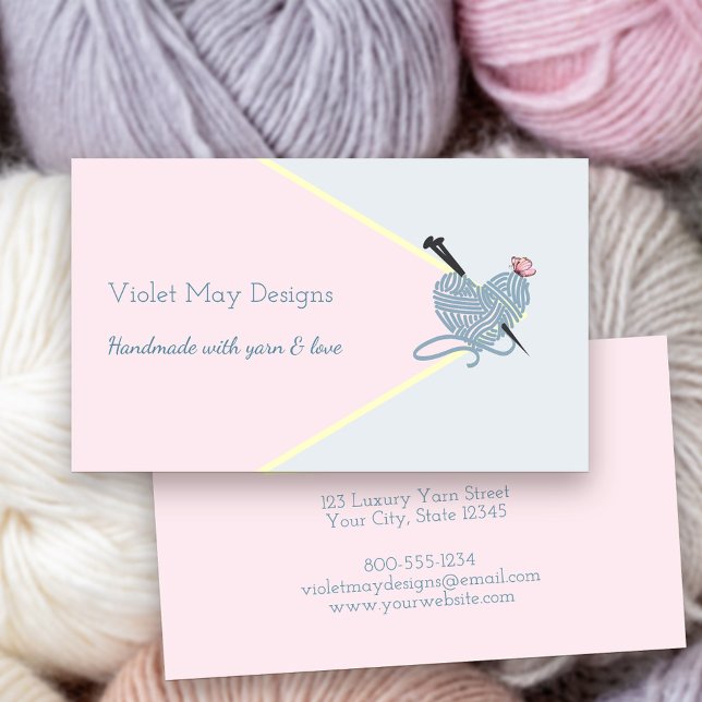 Carte De Visite Tricot Pastel Rose Bleu artisanal ou artisanat (Handmade with Yarn and Love Craft Boutique Artisan Business Card)