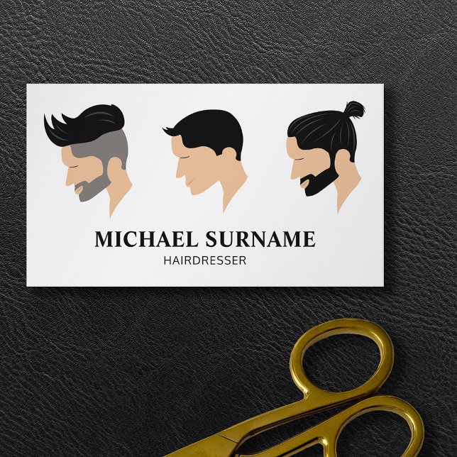 Carte De Visite Trois Coiffures D'Hommes Dessin Coiffeur Barbier (Ideal business card for hairdressers and barbers featuring three illustrated men's hairstyles.)