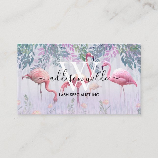 Carte De Visite Tropical Cute Family Flamants roses Rose Aquarelle (Devant)