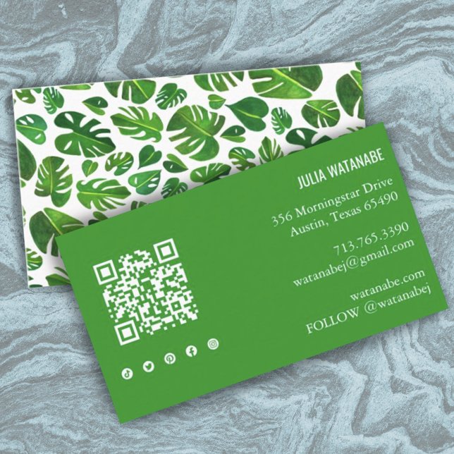 Carte De Visite Tropical Monstera Leaf QR Code Social Media Chic (Créateur téléchargé)