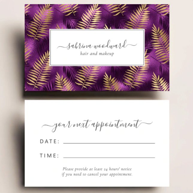 Carte De Visite Tropical Purple Gold Foliage Pattern Appointment (Créateur téléchargé)