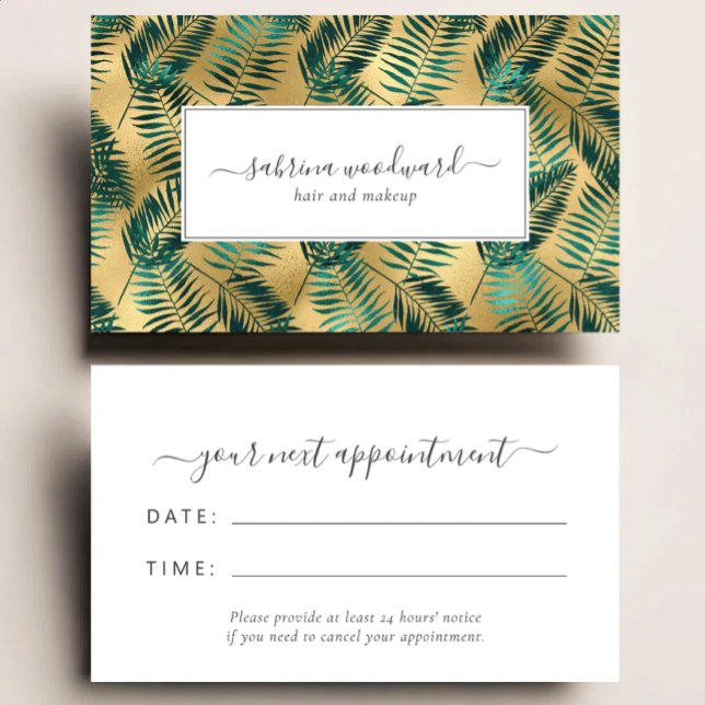 Carte De Visite Tropical Teal Gold Foliage Pattern Appointment (Créateur téléchargé)