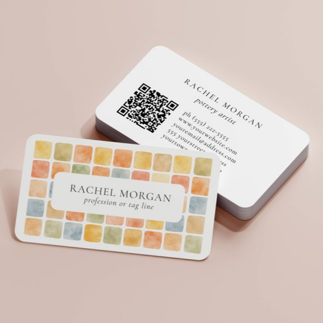 Carte De Visite Tuiles pastel chaudes Boho CODE QR argile poterie (Créateur téléchargé)