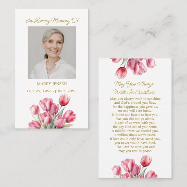 Carte De Visite Tulip Memorial Photo Funeral Prayer Card (Devant / Derrière)