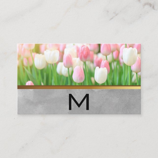 Carte De Visite Tulipe blanche rose | Monogramme (Devant)