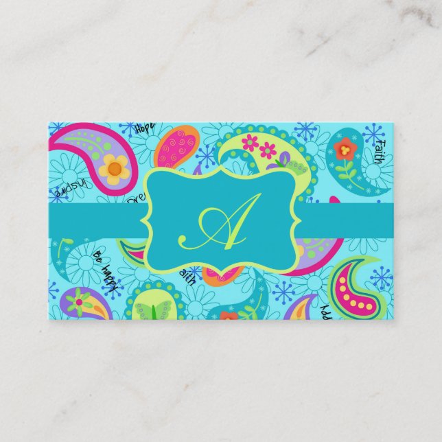 Carte De Visite Turquoise bleu moderne Motif Paisley Monogramme (Devant)