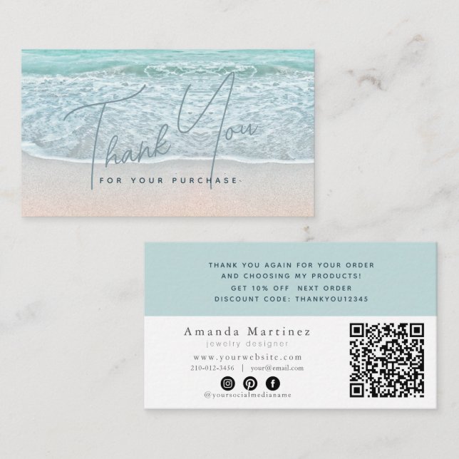 Carte De Visite Turquoise Bleu Océan Plage Sableuse Merci QR (Devant / Derrière)