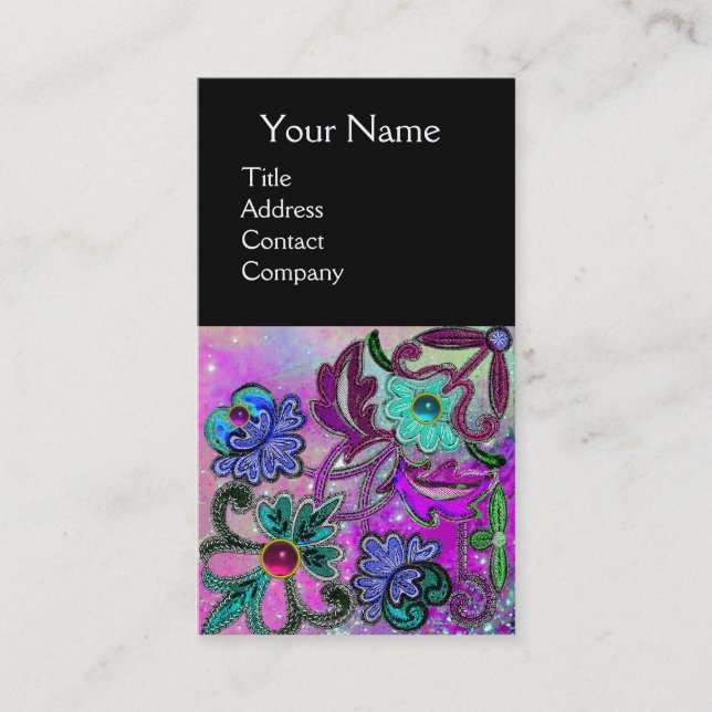 Carte De Visite TURQUOISE BLEU PURPLE LACE FLEURS GEMSTONES Noir (Devant)
