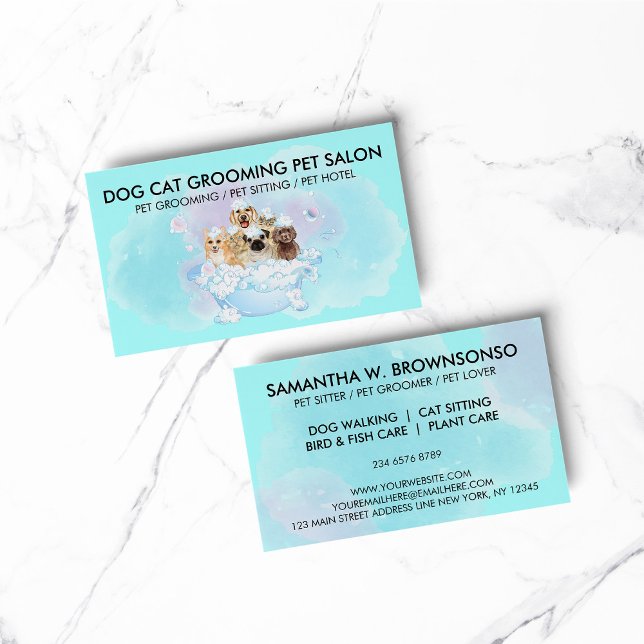 Carte De Visite Turquoise Blue Rose Pet Groomer chats chiens (pet animal dog cat veterinary farm)