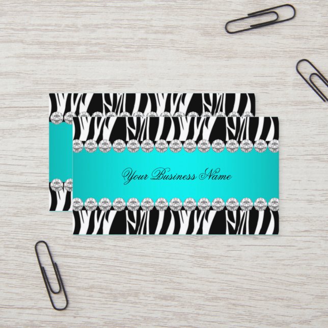 Carte De Visite Turquoise Blue Wild Zebra Black Diamond Look Image (Devant/Arrière en situation)