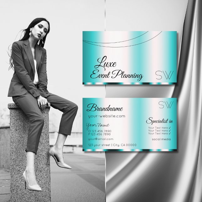 Carte De Visite Turquoise chatoyant Glamour avec Monogramme élégan (Créateur téléchargé)