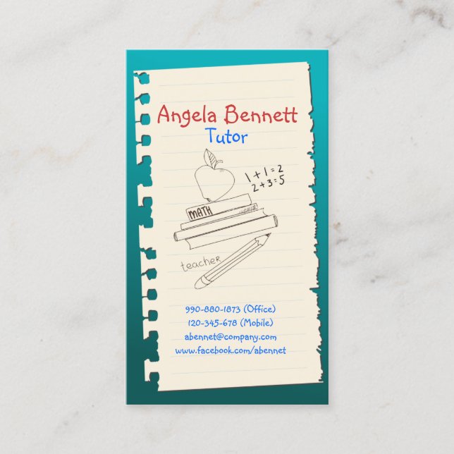 Carte de visite Turquoise Doodle Tutor d'une page (Devant)